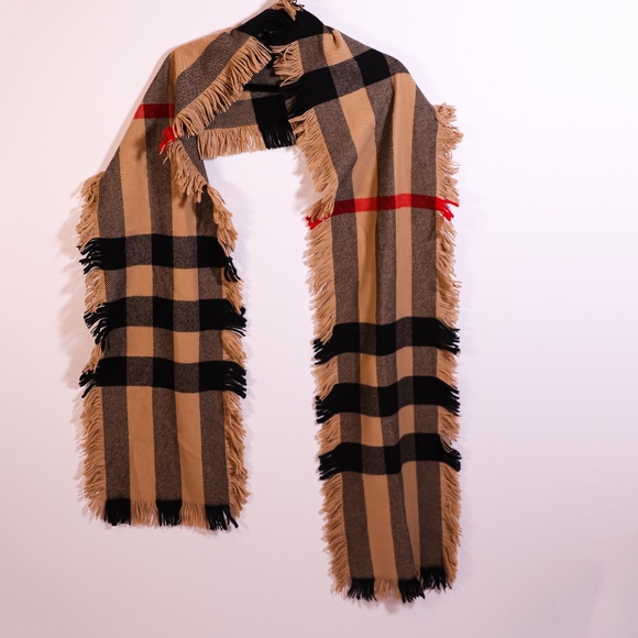 Burberry London 100% Wool Knit Stretch Check Plaid Print Fringe Scarf Shawl Wrap - Picture 1 of 4